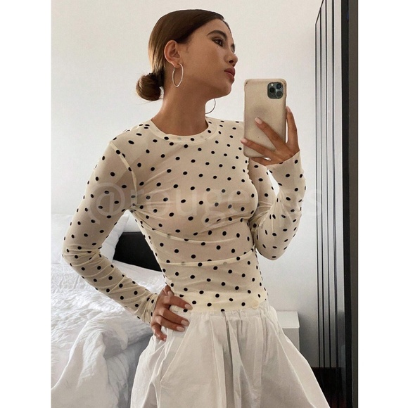 Cream Off White Polka Dot Mesh Sheer Long Sleeve Tee Shirt Top - Picture 2 of 12
